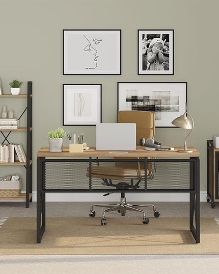 BON AUGURE Farmhouse Computer Desk, Modern Industrial Home Office Desk, Wood Metal Study Writing Table, Sturdy Gaming Desk (Vintage Oak, 54 Inch) - LeafyLoom