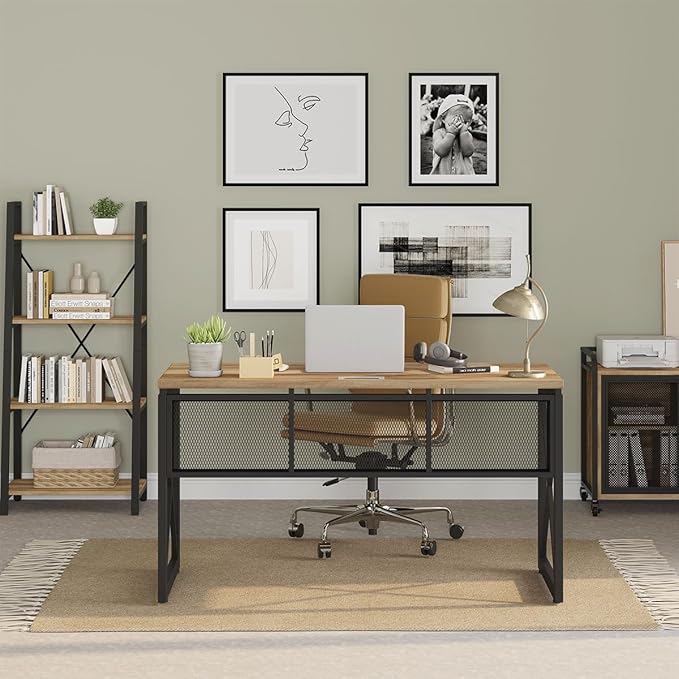 BON AUGURE Farmhouse Computer Desk, Modern Industrial Home Office Desk, Wood Metal Study Writing Table, Sturdy Gaming Desk (Vintage Oak, 54 Inch) - LeafyLoom