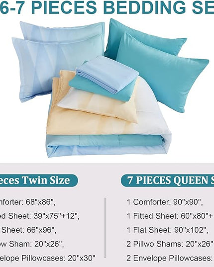 Girls Comforter Set Queen Size Colorful Ombre Blue Yellow Rainbow Bedding Set 7 Pieces Bed in A Bag for Teen Girls Women(1 Comforter, 1 Flat Sheet, 1 Fitted Sheet, 2 Pillow sham, 2 Pillowcases) - LeafyLoom