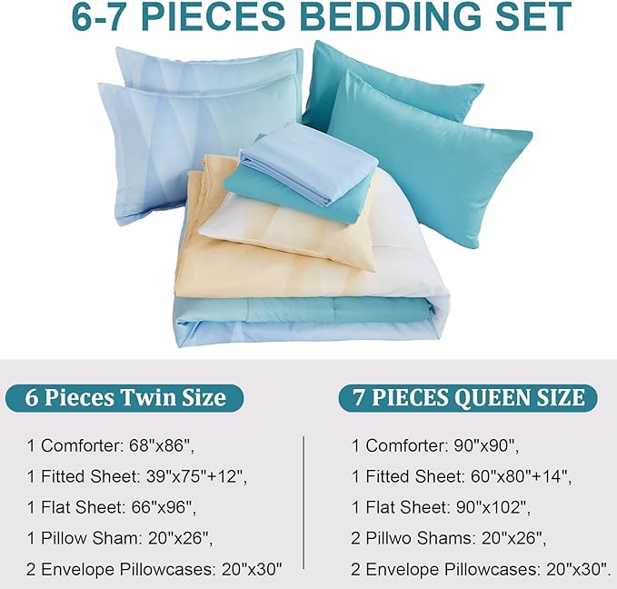 Girls Comforter Set Queen Size Colorful Ombre Blue Yellow Rainbow Bedding Set 7 Pieces Bed in A Bag for Teen Girls Women(1 Comforter, 1 Flat Sheet, 1 Fitted Sheet, 2 Pillow sham, 2 Pillowcases) - LeafyLoom
