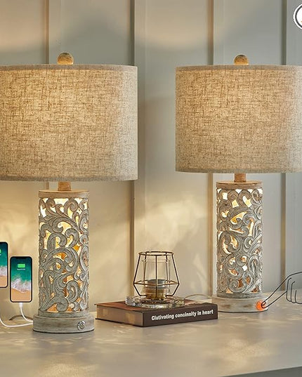 OYEARS 3-Way Dimmable 22'' USB A+C Touch Control Table Lamp Set of 2 with Nightlight for Living Room Bedroom Farmhouse Bedside Nightstand Lamps (Bulb Included) - LeafyLoom