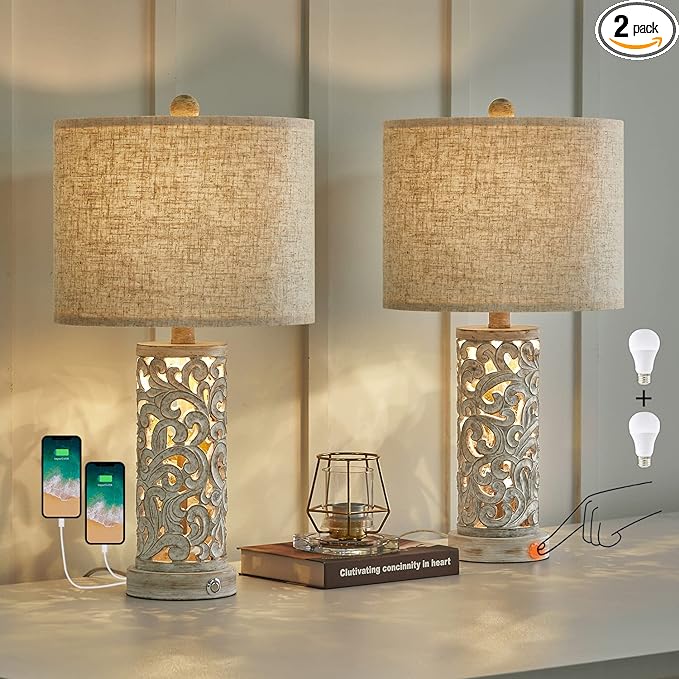 OYEARS 3-Way Dimmable 22'' USB A+C Touch Control Table Lamp Set of 2 with Nightlight for Living Room Bedroom Farmhouse Bedside Nightstand Lamps (Bulb Included) - LeafyLoom