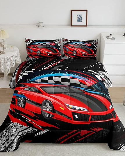 Car Bedding Set for Boys Queen Size Racing Sports Car Comforter Kids Extreme Sports Theme Comforter Set Girls Children Bedroom Teens Cool Speed Automobile Decor Bed Duvet Set Soft Lightweight - LeafyLoom