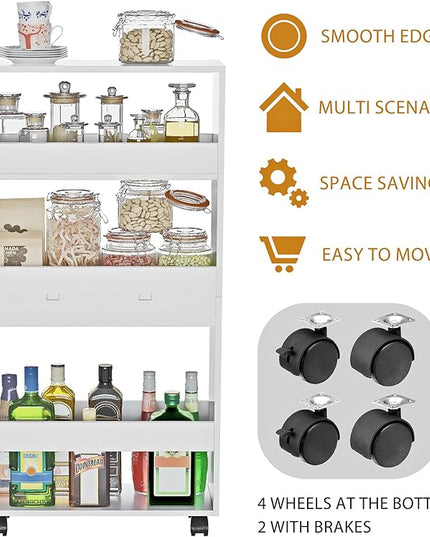 Slim Storage Cart, 4-Tier Kitchen Rolling Cart Narrow Mobile Utility Organizer for Bathroom Livng Room Laundry Room Small Spaces, White - LeafyLoom