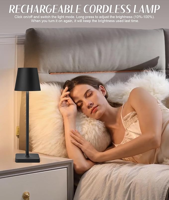 1 Pack Black Cordless Table Lamp, LED Rechargeable Desk Lamp, 5200mAh Battery Operated Table Light, Aluminum Shell, 3 Color Stepless Dimming Up Waterproof for Restaurant/Indoor/Outdoor (Black) - LeafyLoom