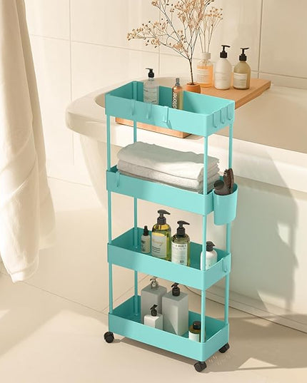 Pipishell Slim Storage Cart with Wheels, 4 Tier Bathroom Storage Organizer Rolling Utility Cart for Bathroom Kitchen Laundry Room Office Narrow Place (Turquoise) - LeafyLoom
