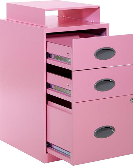 OSP Home Furnishings 3 Drawer Locking Metal File Cabinet with Top Shelf, Pink - LeafyLoom