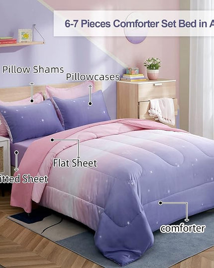 Girls Comforter Set Twin Size 6 Pieces Bed in A Bag Colorful Ombre Pink Purple Rainbow Bedding Set for Kids Teen (1 Comforter, 1 Flat Sheet, 1 Fitted Sheet, 1 Pillow sham, 2 Pillowcases) - LeafyLoom