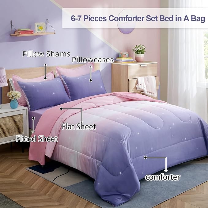 Girls Comforter Set Full Size Colorful Ombre Pink Purple Rainbow Bedding Set Bed in A Bag for Kid Teen Girls 7 Pieces (1 Comforter, 1 Flat Sheet, 1 Fitted Sheet, 2 Pillow shams, 2 Pillowcases) - LeafyLoom