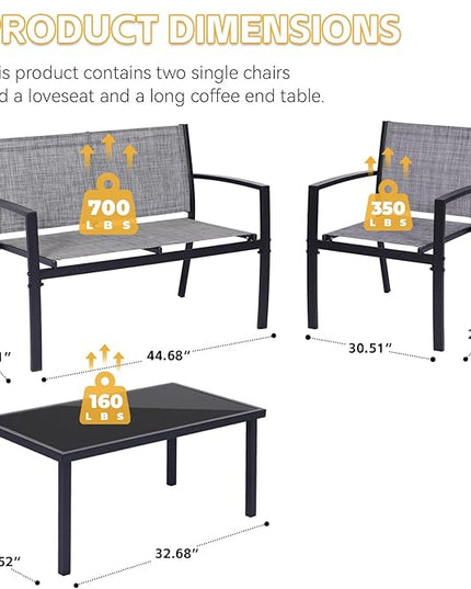 4 Pieces Patio Furniture Set Outdoor Garden Patio Conversation Sets Poolside Lawn Chairs with Tempered Glass Coffee Table Loveseat Porch Furniture Textilene Fabric Grey - LeafyLoom