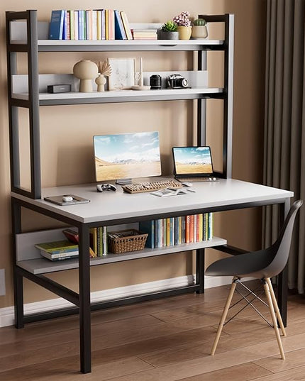 Aquzee Computer Desk with Hutch and Bookshelf, 47 inch Wide White Home Office Desk with 3 Tier Storage Shelves, for Study Writing Work, Easy Assemble - LeafyLoom