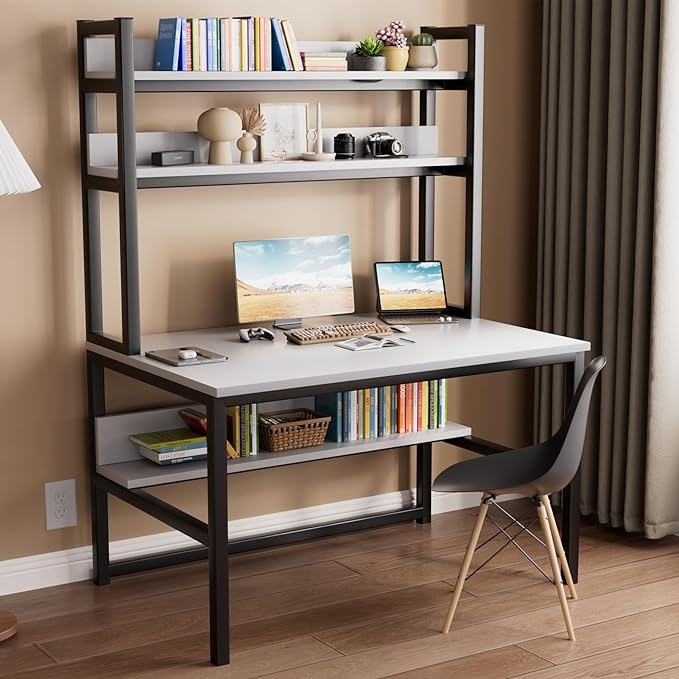 Aquzee Computer Desk with Hutch and Bookshelf, 47 inch Wide White Home Office Desk with 3 Tier Storage Shelves, for Study Writing Work, Easy Assemble - LeafyLoom