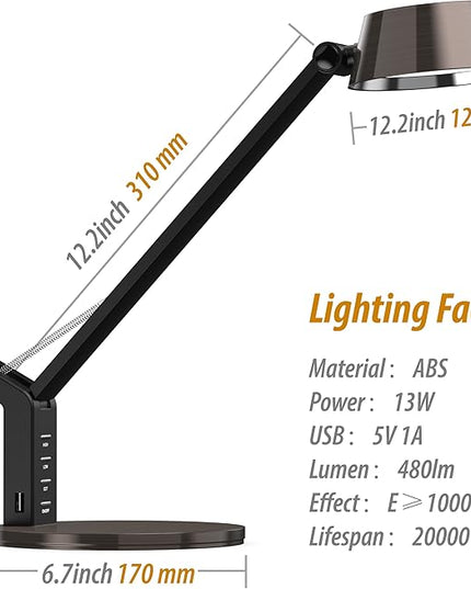 LED Desk Lamp with USB Charging Port, Home Office Desk Lamp Touch Control Dimmable Table Lamp with 3 Color Modes, Eye Caring LED Lamp for Study, Reading, Work (Copper) - LeafyLoom