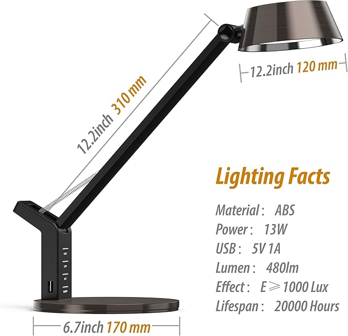 LED Desk Lamp with USB Charging Port, Home Office Desk Lamp Touch Control Dimmable Table Lamp with 3 Color Modes, Eye Caring LED Lamp for Study, Reading, Work (Copper) - LeafyLoom