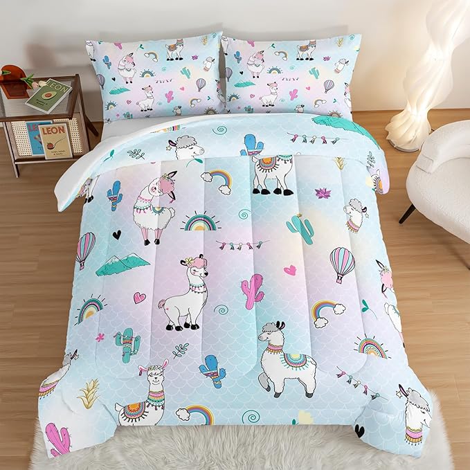 HOSIMA 3 Piece Cartoon Animal Llama Comforter,Cute Alpaca Toddler Comforter,Desert Cactus Plant Twin Bed in a Bag Sets for Adults Kids,Fish Scales Comforter Rainbow Twin Bedding Sets for Girls Boys. - LeafyLoom
