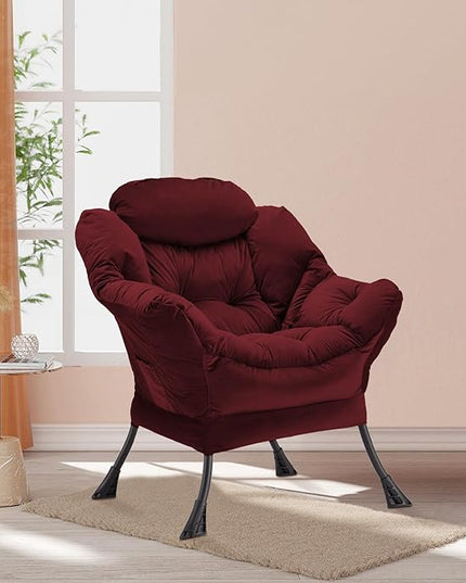 Lazy Chair Thick Padded, Accent Chair Velvet Upholstered with Wide Seat, Stable Metal Frame and Non-Slip Pad, Modern Sofa Armchair with Side Storage Bag for Dorm, Room, Office, Burgundy - LeafyLoom