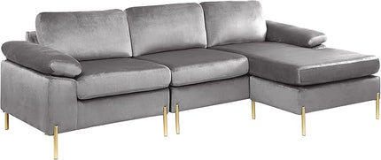 L Shaped Couch with Chaise, Velvet Upholstered Sectional, Metal Leg & Rolled Armrests, Futon Sofa for Living Room, Apartment and Office, Gray, 101.2, Gray1 - LeafyLoom