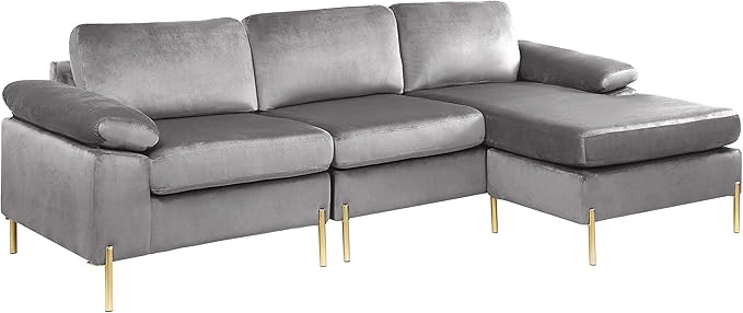 L Shaped Couch with Chaise, Velvet Upholstered Sectional, Metal Leg & Rolled Armrests, Futon Sofa for Living Room, Apartment and Office, Gray, 101.2, Gray1 - LeafyLoom