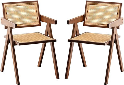 Rattan Accent Chairs, Modern Mid Century Dining Chairs Set of 2, Comfy Armchairs, Outdoor Rattan Chairs with Armrest for Bedroom Living Room Reading Room Dining Kitchen, Brown - LeafyLoom