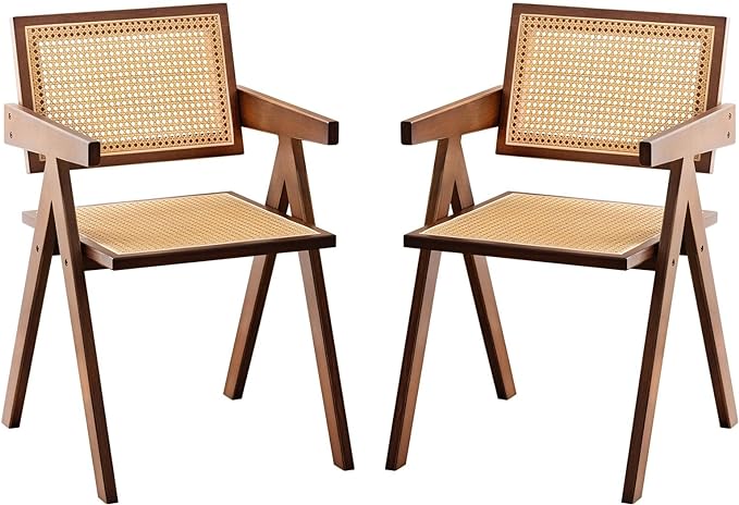 Rattan Accent Chairs, Modern Mid Century Dining Chairs Set of 2, Comfy Armchairs, Outdoor Rattan Chairs with Armrest for Bedroom Living Room Reading Room Dining Kitchen, Brown - LeafyLoom