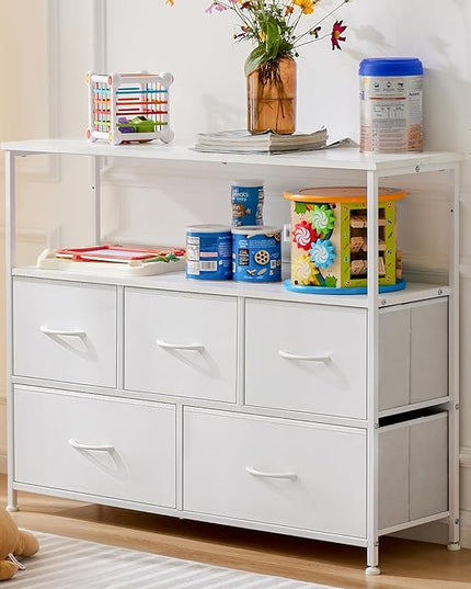 ANTONIA TV Stand Dresser for Bedroom with 5 Fabric Drawer, Entertainment Center for 45 inch Television, Media Console Table with Storage, Open Shelf, Adjustable Feet, Living Room Furniture, White - LeafyLoom