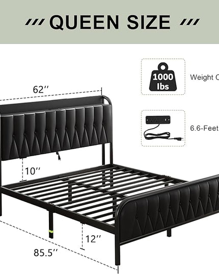 Feonase Queen Bed Frame with Type-C & USB Port, Metal Platform Beds, with Faux Leather Upholstered Headboard & Footboard, 12" Underbed Storage Space, Easy Assembly, Noise-Free, Black - LeafyLoom
