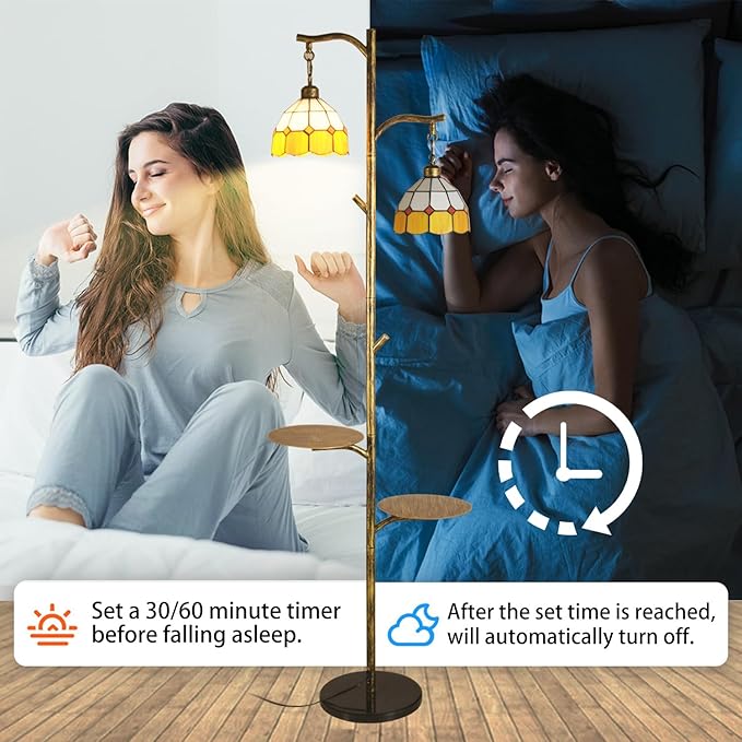 Tiffany Style Stained Glass Retro Floor Lamp with Tray,Dimmable Led Floor Lamps, Custom Color Temperature Standing Lamp with Remote for Living Room and Bedroom,Painted Bronze - LeafyLoom