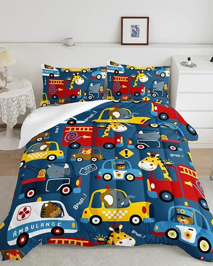 Datura home Kids Cartoon Car Comforter Set for Boys Children,Transportation Car Police Car Kawaii Animals Printed Bedding with 1 and 2 Pillowcases(Cartoon Car Queen), Queen 90x90inches - LeafyLoom