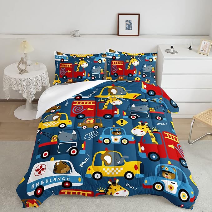 Datura home Kids Cartoon Car Comforter Set for Boys Kids Children,Transportation Car Police Car Kawaii Animals Printed Bedding Set with 1 Comforter, 2 Pillowcases(Cartoon Car Twin), Twin 68x86inches - LeafyLoom