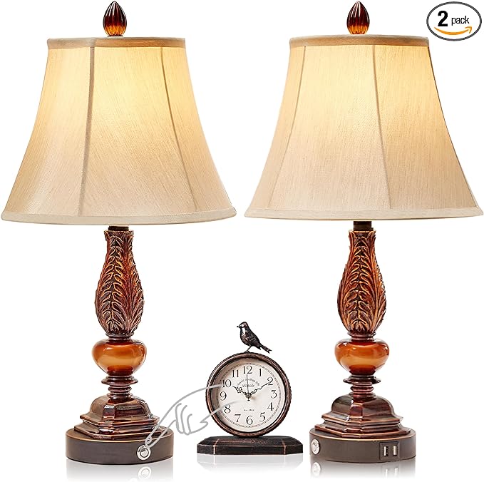 Set of 2 Bedroom Lamps,3-Way Dimmable Rustic Touch Table Lamps for Nightstand,Farmhouse Bedside Vintage Lamps with Dual USB Charging Ports for Living Room (Bulbs Included/Retro Bronze) - LeafyLoom