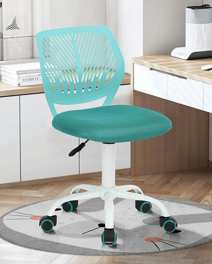 FurnitureR Desk Chair Small Study Chairs Armless for Child Kids Teens, Swivel Rolling Lightweight Task Chair with Wheels and Mesh Padded Cushion, Turquoise - LeafyLoom