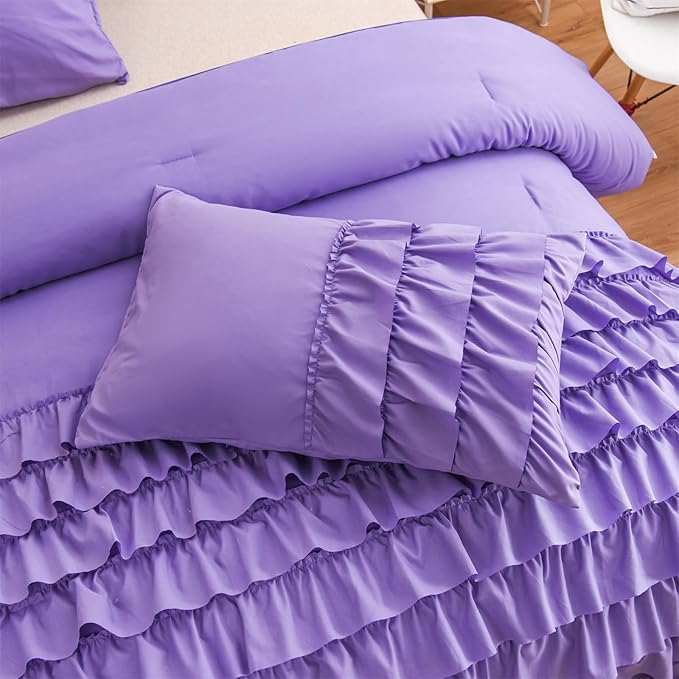 A Nice Night Waterfall Flutter Ruffle 3PCS Comforter Set,Chic Ruffled Textured Princess Bedding Set,Purple,Twin - LeafyLoom