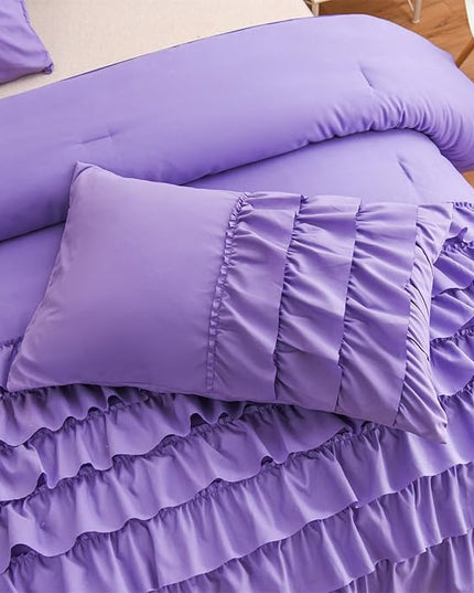 A Nice Night Waterfall Flutter Ruffle 3PCS Comforter Set,Chic Ruffled Textured Princess Bedding Set,Purple,Twin - LeafyLoom