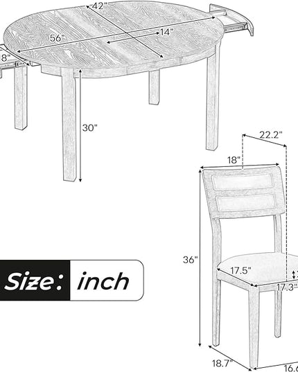 5-Piece Farmhouse Extendable Round Dining Table Set with Two 4 Upholstered Chairs for Kitchen, Breakfast Nook, Living Room, 42"-56" L x 42" W x 30" H, Black(2 Small Drawers) - LeafyLoom