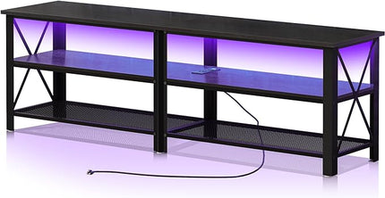 Clikuutory Modern Black 63 inch Metal TV Stand with LED Lights and Power Outlets for 40 50 55 60 65 70 Inch TVs, 3 Tier Television Stands with Entertainment Center and Storage for Living Room, Bedroom - LeafyLoom