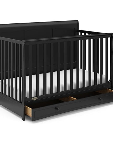 Graco Asheville 4-in-1 Convertible Crib with Drawer (Black) – GREENGUARD Gold Certified, Crib with Drawer Combo, Full-Size Nursery Storage Drawer, Converts to Toddler Bed, Daybed and Full-Size Bed - LeafyLoom