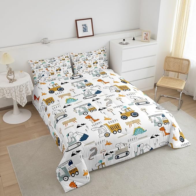 Feelyou Construction Bedding Set Queen Size Equipment Trucks Comforter Set for Kids Boys Girls Decor Dinosaur Comforter 3D Digital Print Yellow Duvet Set Bedroom Quilt Set - LeafyLoom
