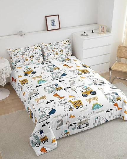 Construction Bedding Set Full Size Equipment Trucks Comforter Set for Kids Boys Girls Decor Dinosaur Comforter 3D Digital Print Yellow Duvet Set Bedroom Quilt Set - LeafyLoom