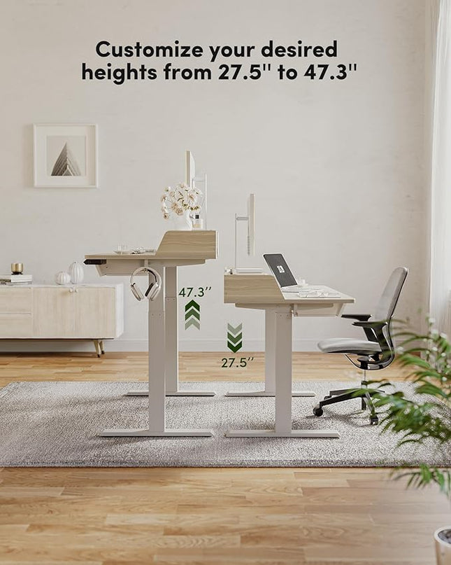 BANTI 48 x 24 Inch Electric Standing Desk with 3 Drawers, Adjustable Height Stand Up Desk, Sit Stand Home Office Desk with Storage Shelf, Light Walnut Top - LeafyLoom
