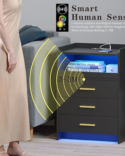 RGB Nightstand-Bedside-End-Table with USB &Wireless Charging Station: Smart Nightstand for Sofa Table with Human-Body Inductions, Modern Bedroom Furniture with Drawers for Living Room, Black - LeafyLoom