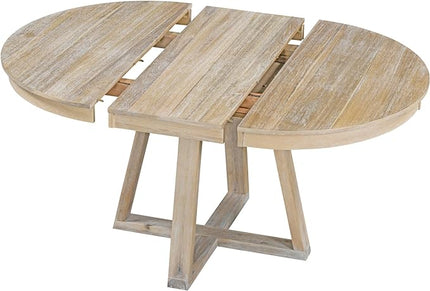 5-Piece Retro Style Extendable Wood Round Dining Table Set with 4 Upholstered Chairs for Kitchen, Breakfast Nook, Living Room, 42"-58" L x 42" W x 30" H, Natural+White - LeafyLoom