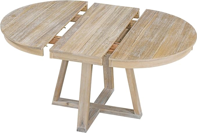 5-Piece Retro Style Extendable Wood Round Dining Table Set with 4 Upholstered Chairs for Kitchen, Breakfast Nook, Living Room, 42"-58" L x 42" W x 30" H, Natural+White - LeafyLoom