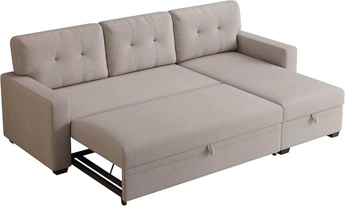 82" Sectional Small Pull Out Bed,L-Shape Upholstered Sleeper Couch W/Storage Chaise,Tufted Backrest Design,3 Seat Linen Convertible Sofas for Living Room Apartment Office,Beige, Beige5 - LeafyLoom