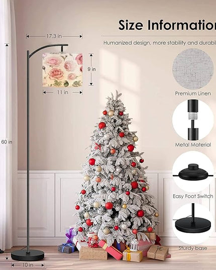 Modern Arc Floor Lamp with Dimmer Mid Century Set watercolor elements rose collection garden wild flowers leaves Metal Standing Lamp with Linen Shade Footswitch for Living Room Bedroom Office - LeafyLoom