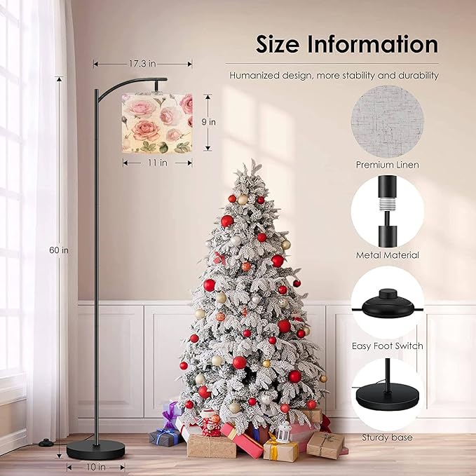 Modern Arc Floor Lamp with Dimmer Mid Century Set watercolor elements rose collection garden wild flowers leaves Metal Standing Lamp with Linen Shade Footswitch for Living Room Bedroom Office - LeafyLoom