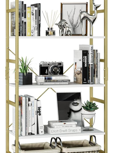 NUMENN 5 Tier Bookshelf, Tall Bookcase Shelf Storage Organizer, Modern Book Shelf for Bedroom, Living Room and Home Office, White/Gold - LeafyLoom