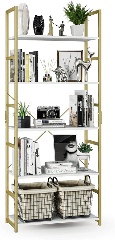 NUMENN 5 Tier Bookshelf, Tall Bookcase Shelf Storage Organizer, Modern Book Shelf for Bedroom, Living Room and Home Office, White/Gold - LeafyLoom