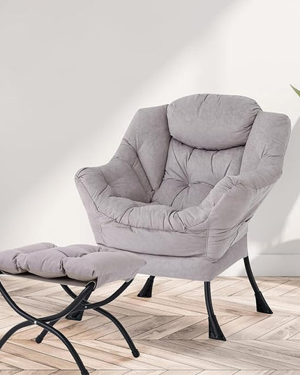 Lazy Chair with Ottoman, Modern Chair with Folding Footrest, Lounge Accent Chair, Comfortable Reading Chair, Oversized Armchairs for Bedroom, Study, Living Room, Courtyard (Light Grey) - LeafyLoom