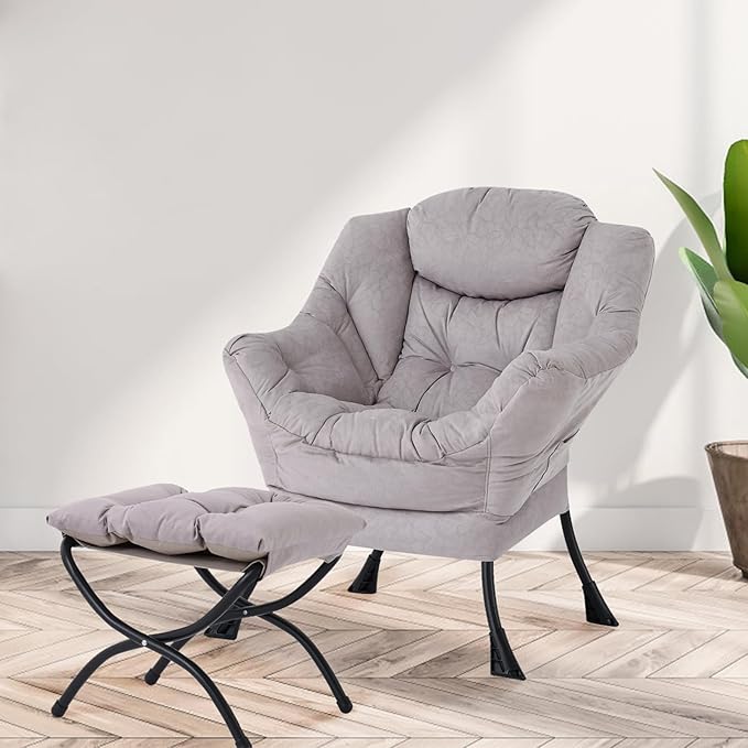 Lazy Chair with Ottoman, Modern Chair with Folding Footrest, Lounge Accent Chair, Comfortable Reading Chair, Oversized Armchairs for Bedroom, Study, Living Room, Courtyard (Light Grey) - LeafyLoom