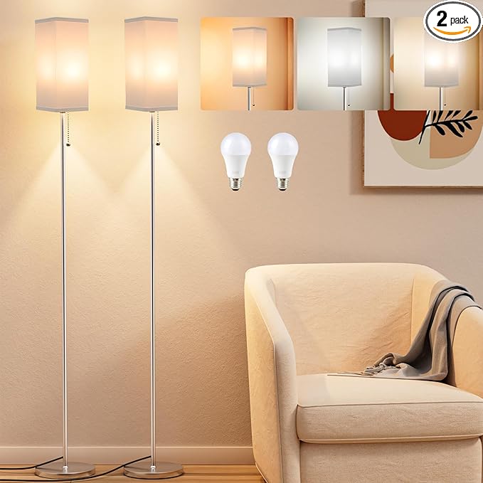 Floor Lamps for Living Room Bedroom - 3 Color Temperature Silver Floor Lamp Set of 2, Modern Standing Lamps with Pull Chain Switch White Shade, Tall Lamp for Corner Office(2 Pack) - LeafyLoom